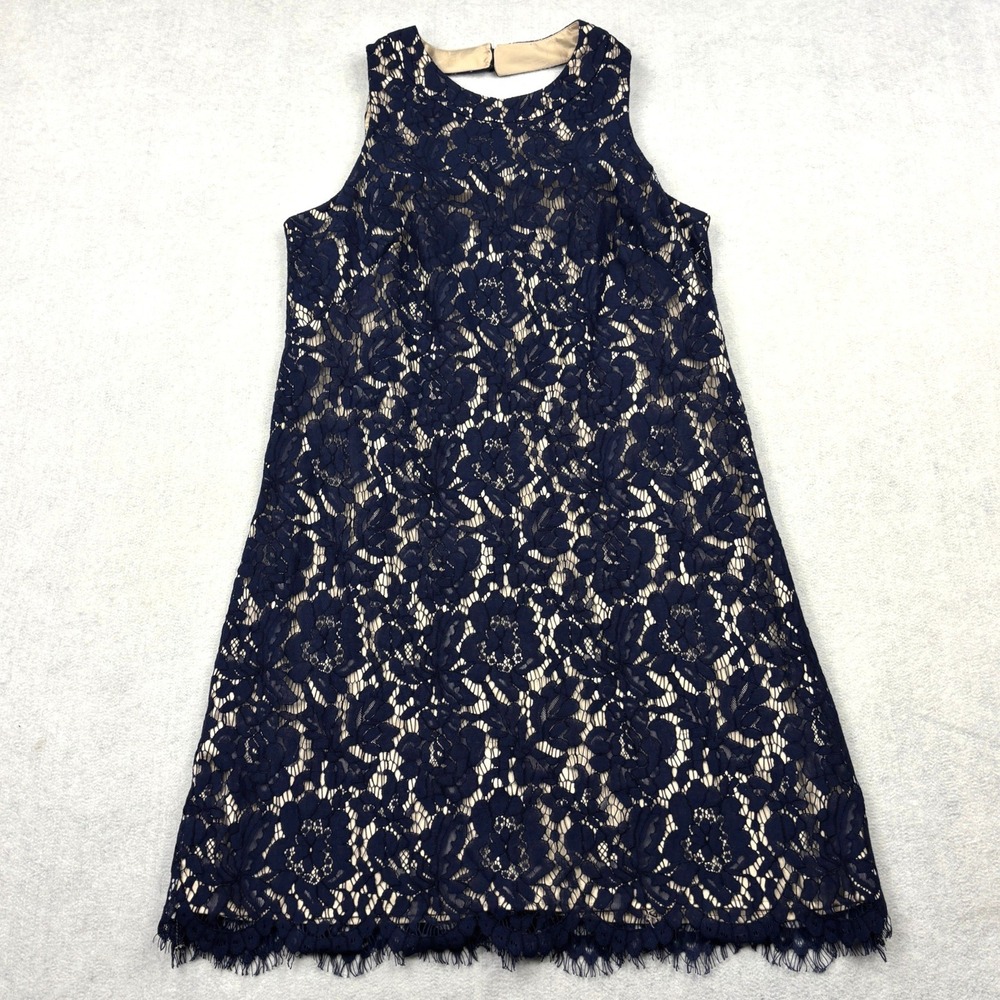 Vince Camuto Dress Womens 8 Navy Blue Floral Lace Cutout Neck Beige Lined Shift